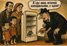 Холодильник, нет еды, карикатура