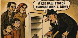 Холодильник, нет еды, карикатура
